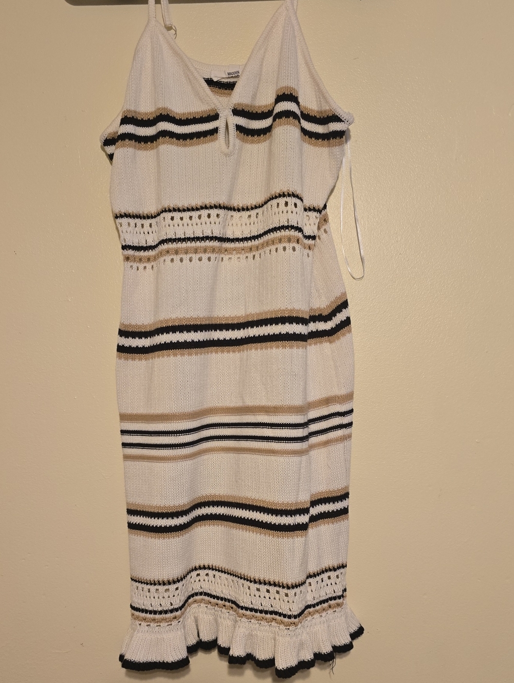 Sleeveless Striped Knit Midi Dress in White, Black & Tan